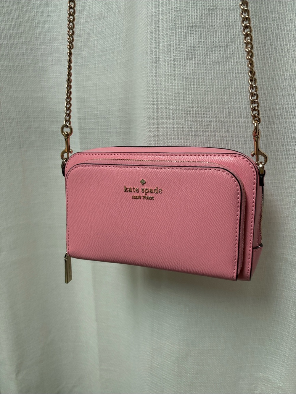 Kate Spade Pink Saffiano Leather Crossbody with Gold Chain Stacy Mini